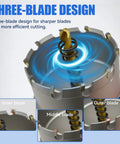 Close-up of Heavy Duty Carbide Hole Saw Kit For Metal, 14 Piece Set With Titanium Plated Pilot Centers showcasing three-blade design