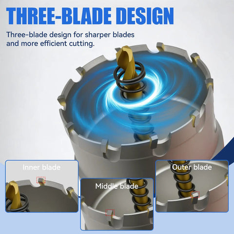 Close-up of Heavy Duty Carbide Hole Saw Kit For Metal, 14 Piece Set With Titanium Plated Pilot Centers showcasing three-blade design