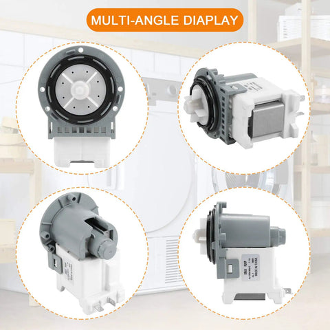Multi-angle views of Samsung Washer Drain Pump Beefed-Up Upgrade DC31-00178A DC31-00187A PX3516-01 with wire guard design.