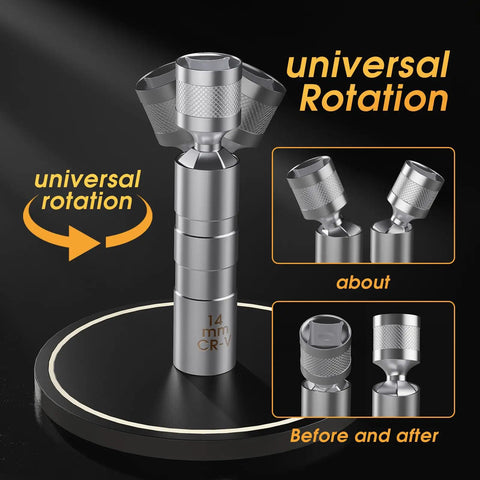 Heavy Duty 3/8 Inch Drive Spark Plug Socket Set Magnetic Rotary Receptacle with 14mm CR-V swivel feature displayed