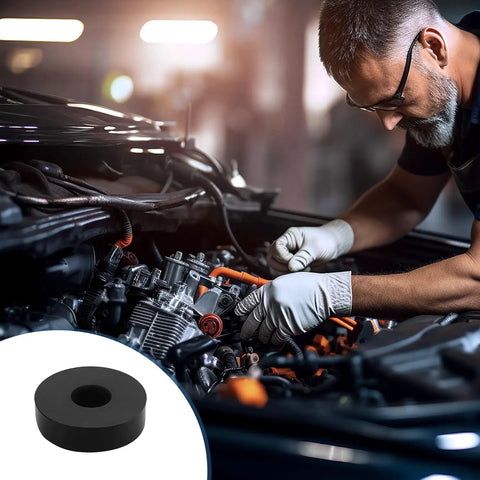 Rock Solid Black Rubber Spacers For Home Improvement, 32 Pack with mechanic working on engine, showcasing rubber spacer under tools.