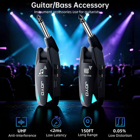 Ultra Clear UHF Wireless Guitar System with 6 channel transmitter and receiver, less than 2ms latency, rechargeable battery