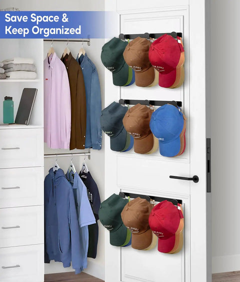 Heavy Duty Wall Mounted Hat Rack Four Pack, Slick Cap Organizer For Baseball Snapback Trucker Hats And Visors, No Drill Closet Storage Solution In Black With Three Easy Mount Options For Game Rooms Or Hallways