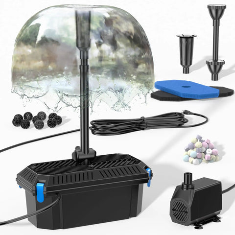 All In One Pond Filtration System With 660GPH Fountain Pump Kit for outdoor koi ponds featuring filtration box, pump, and nozzles