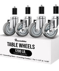 Set Of 4 Heavy Duty Table Casters With 3 Inch Non Marking Rubber Wheels, Universal Fit For Kitchen Cart And Utility Table Legs, Crushes Heavy Loads, No Sweat Setup - close-up of chrome casters with expanding stem.