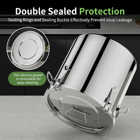 Heavy Duty Stainless Steel Airtight Food Storage Bucket With Secure Locking Lids Great For Bulk Rice Flour Dog Food Or Coffee showing double seal protection.