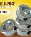 4 Pack One Half Inch Bore Solid Steel Shaft Collars With Zinc Plated Finish stacked on table, includes socket cup point set screws