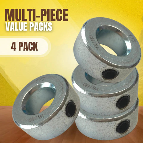 4 Pack One Half Inch Bore Solid Steel Shaft Collars With Zinc Plated Finish stacked on table, includes socket cup point set screws
