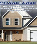 Prime-Line logo above suburban home, highlighting window and door replacement hardware supplier.