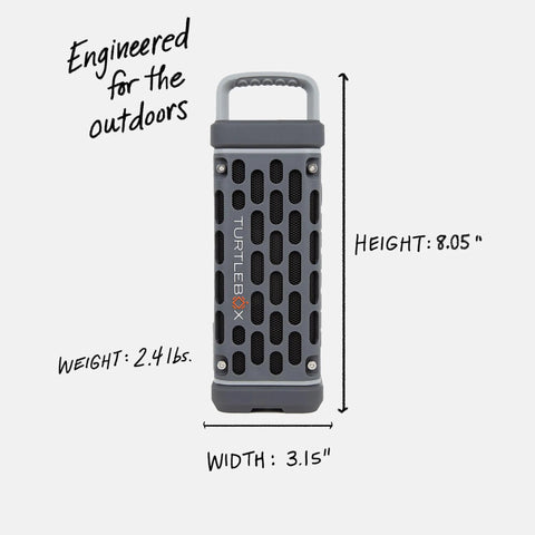 Gray Ranger Outdoor Bluetooth Speaker Delivers 105dB Of Beast Mode Outdoor Sound With Deep Bass, Waterproof And Shockproof Build, showing dimensions and weight.
