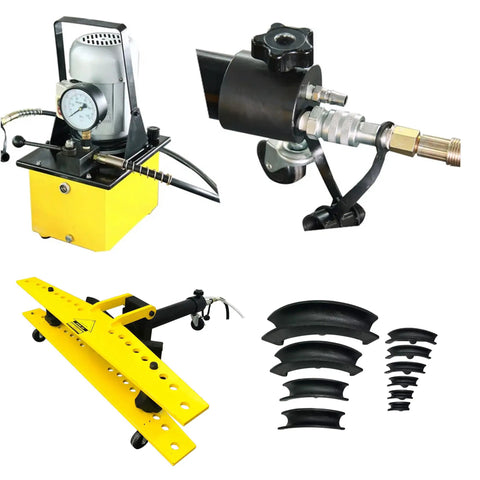 INTSUPERMAI Electric Hydraulic Pipe Bender For Round Tubes 0.1 To 0.24 Inch Wall Thickness With 110V Power And 10 Dies components including pump, bending arm, and dies.