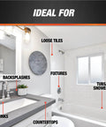 All Purpose 100 Percent Silicone Adhesive Sealant Clear 2.8 Oz Waterproof Bonding And Sealing For DIY Projects In Kitchens Bathrooms And Aquariums Dries Clear In About 12 Hours used on bathroom surfaces like sinks, backsplashes, and tiles.