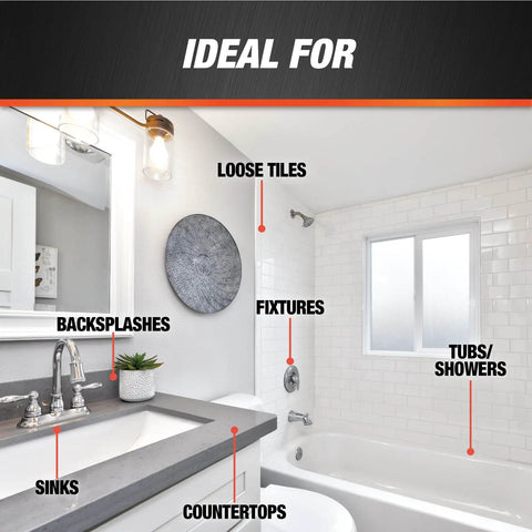All Purpose 100 Percent Silicone Adhesive Sealant Clear 2.8 Oz Waterproof Bonding And Sealing For DIY Projects In Kitchens Bathrooms And Aquariums Dries Clear In About 12 Hours used on bathroom surfaces like sinks, backsplashes, and tiles.
