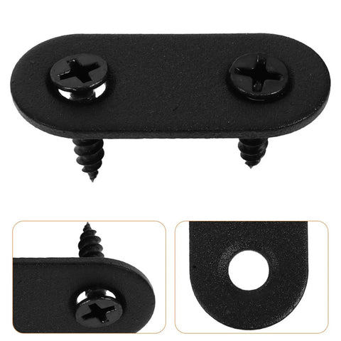 Close-up of Rugged Flat Mending Plates With Double Holes 12 Pack Black Stainless Steel Straight Brace Brackets showing screws
