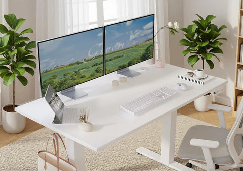 Seang Electric Height Adjustable Standing Desk 48 By 24 Inch Sit Stand Workstation with dual monitors and ergonomic setup.