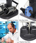 Pro Grade Magnifier Work Station With 16 LED Lights For Soldering And Welding 2.5X And 4X Magnification USB Rechargeable Hands Free Glass Stand With Heavy Base Clamp And Alligator Clips Third Hand Solder Holder For Precision Electronics featuring soldering iron holder and wire reel in use