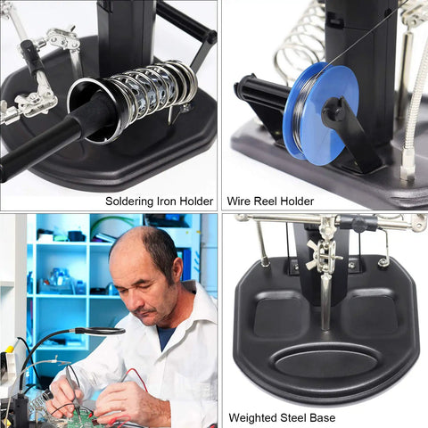 Pro Grade Magnifier Work Station With 16 LED Lights For Soldering And Welding 2.5X And 4X Magnification USB Rechargeable Hands Free Glass Stand With Heavy Base Clamp And Alligator Clips Third Hand Solder Holder For Precision Electronics featuring soldering iron holder and wire reel in use