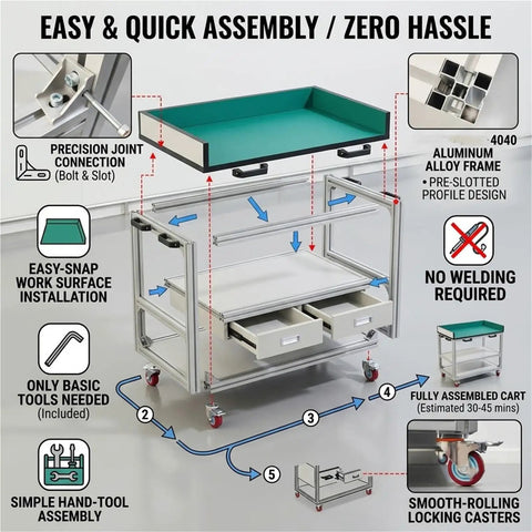 Heavy Hitter Anti Static Mobile Workbench Aluminum Utility Cart On Smooth Swivel Wheels Top Shelf Esd Pad Station assembly guide with drawers and wheels.