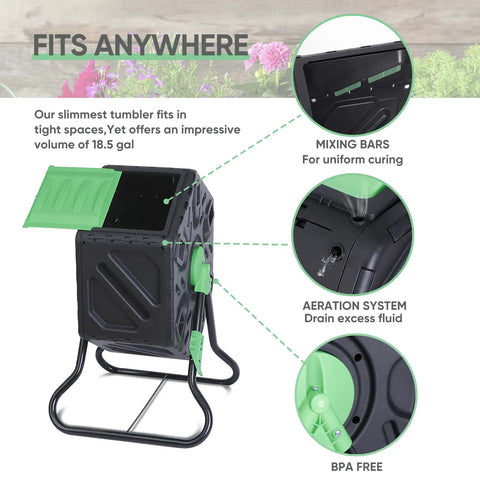 Compost Tumbler Bin With Sliding Doors, 18.5 Gallon Rotating Chamber, Portable Outdoor Garden Compost Bin For Kitchen And Yard Waste, Built Tough From PP And Steel shown with mixing bars and aeration system.