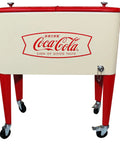 Front view of Creamfish 60-Quart Vintage Style Wheeled Cooler with split top lids, powder-coated finish, Coca-Cola licensed design.