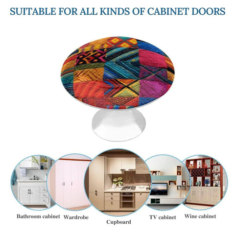 Dope Stainless Steel Cabinet Knobs Featuring A Knockout Multicolor Quilt Design With Hella Smooth Pulling Action and Hefty Durability for Real Deal Kitchen or Furniture Upgrades on a round knob.