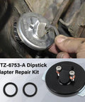 Dipstick Adapter Repair Kit For 7.3L Powerstroke Diesel Engines being installed, showing F4TZ-6753-A component and O-rings.