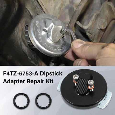 Dipstick Adapter Repair Kit For 7.3L Powerstroke Diesel Engines being installed, showing F4TZ-6753-A component and O-rings.