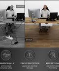 Before and after comparison using No Drill Cable Management Tray For Desks White Metal Wire Organizer with cables hidden under desk.