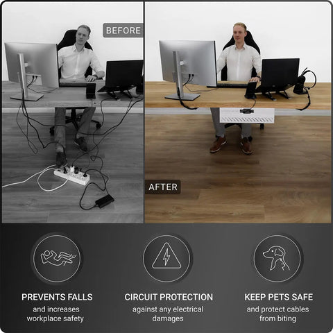 Before and after comparison using No Drill Cable Management Tray For Desks White Metal Wire Organizer with cables hidden under desk.