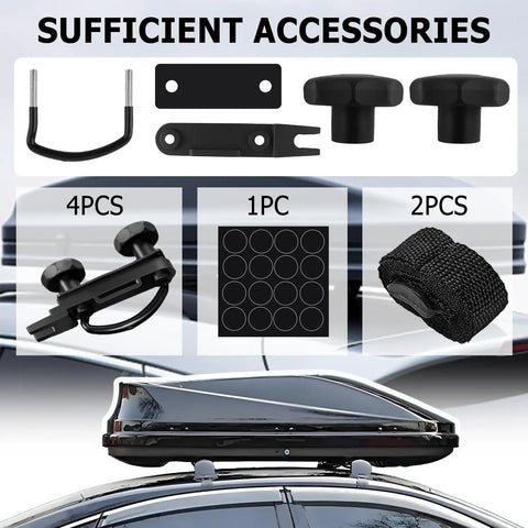 4 Pcs U Bolt Roof Rack Mounting Brackets Kit For Cars showing clamps, nuts, straps, and gaskets with a roof box attached to crossbars