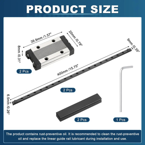 2 Pack 400mm MGN9 Linear Sliding Rail Guide With MGN9H Carriage Block And Mini Guide For CNC Machines, Engraving, And 3D Printers, Pro Level Precision Linear Motion System For Smooth, Reliable Motion. Product size diagram showing 400mm rail, MGN9H carriage, cover, and hex key