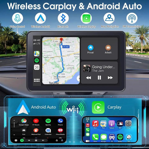 Universal 7 Inch HD CarPlay Screen With Wireless CarPlay And Android Auto displaying GPS navigation on a car dashboard.