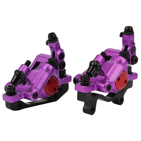 Top Shelf Mechanical Disc Brake Pair Aluminum Alloy Build For Mountain And Road Bikes Beast Mode Stopping Power Plug And Play Setup Killer Look In Violet Finish Smooth Ride Every Time, showcasing vibrant violet calipers.