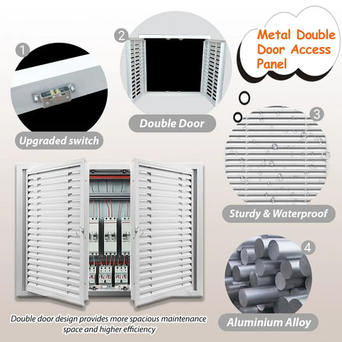 Top Shelf Heavy Duty Double Door Access Panel With Built In Louvered Ventilation Cover For Crawl Spaces And Exterior Drywall Openings Rock Solid Steel Utility Hatch showing opened double door and vented design.