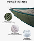 Close-up of ultralight hammock underquilt showing DWR-coated ripstop nylon shell and polyester lining for warmth.