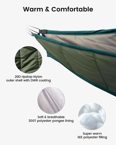 Close-up of ultralight hammock underquilt showing DWR-coated ripstop nylon shell and polyester lining for warmth.