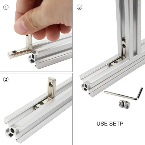 Installation steps of L Shape Corner Connector Bracket Set For 20x20 Aluminum Extrusion Profiles 6mm Slot with tools included.