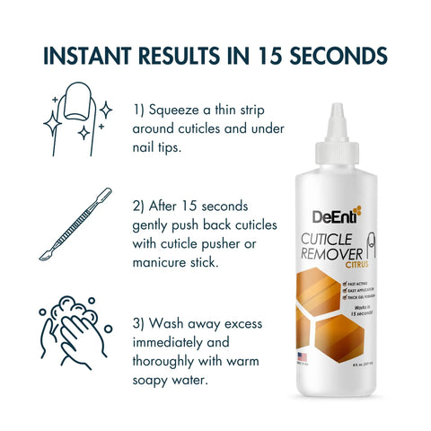 Instructions for using At Home Cuticle Care Kit With Citrus Scented Remover 8oz Cuticle Oil 2oz And Metal Pusher Tool for nail care