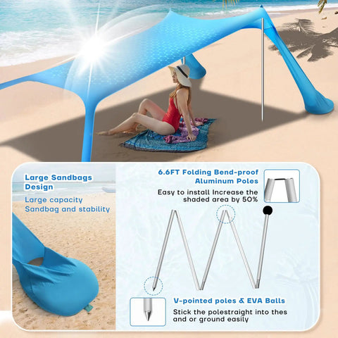 Spacious 10x10 Foot Beach Shade Canopy With UPF50 Plus Sun Protection Pop Up Shelter shown with stability poles, sandbags.