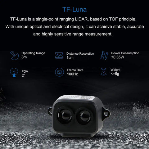 Close-up of LiDAR Range Finder Sensor Module For Drones And Robots, Single Point Micro Ranging 0.2 To 8m Using TOF Tech, Plug And Play.