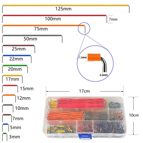 840 Pcs Breadboard Jumper Wires Kit With 14 Lengths Pre Stripped And Pre Formed Right Angles Solderless Flexible Cables displayed with dimensions.