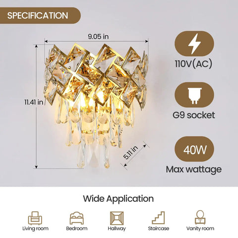 Luxury Gold Wall Sconce With Crystal K9 Accent For Living Room Bedroom Bathroom Hallway Modern Gold Wall Light Fixture With Stainless Steel Frame And Clear Gray Crystals Lit Ambient Vibe
