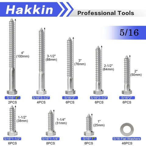 Heavy Duty Stainless Steel Lag Bolts Kit For Wood With Washers 92 Piece Set Includes Hex Lag Screws In 1 Inch 1.25 Inch 1.5 Inch 2 Inch 2.5 Inch 3 Inch 3.5 Inch And 4 Inch Lengths For Solid Wood Projects