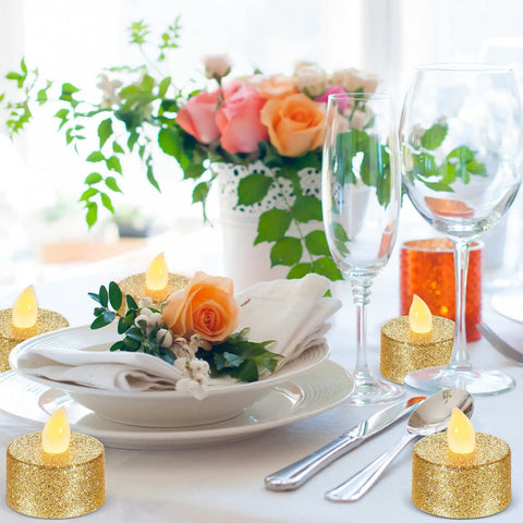 Gold LED Tea Lights Flameless Battery Operated Tealights 24 Pack For Holiday Decor Weddings Parties Birthday Home Ambience