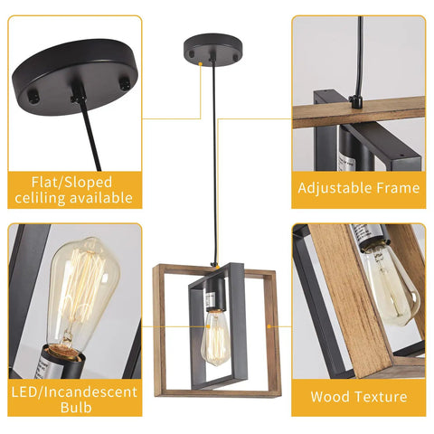 Dope Matte Black And Solid Wood Kitchen Island Pendant Light showing adjustable frame, wood texture, and LED/incandescent bulb