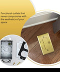 Installed 20A Tamper-Resistant Receptacle Floor Box With Flip Lid And Brass Cover Retractable Recessed Socket on wood floor.