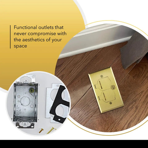 Installed 20A Tamper-Resistant Receptacle Floor Box With Flip Lid And Brass Cover Retractable Recessed Socket on wood floor.