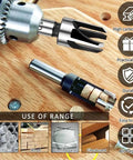 Ridiculously Tough Carbon Steel Wood Plug Cutter Drill Bits Eight Piece Straight And Tapered, showcasing claw design and usage on wood.