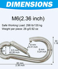 Dimensions and specifications of Stainless Steel Carabiners 304 Heavy Duty 2.36 Inch Rustproof Clips shown with measurements.