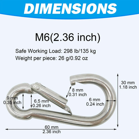 Dimensions and specifications of Stainless Steel Carabiners 304 Heavy Duty 2.36 Inch Rustproof Clips shown with measurements.